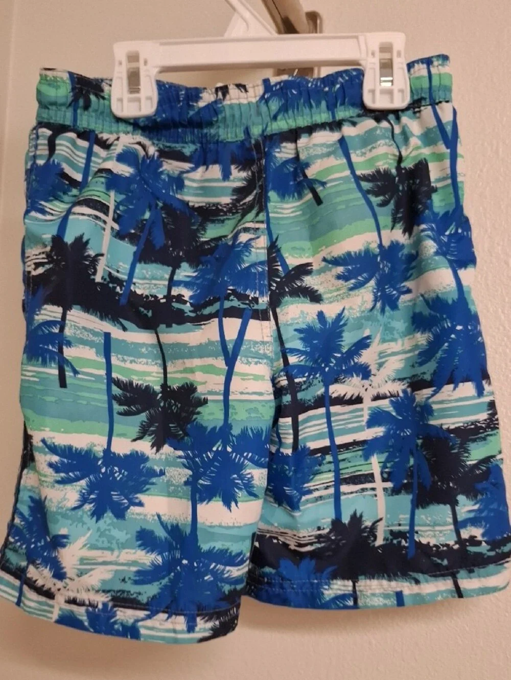 Kids Tropical Palm Print Swim Trunks - Blue & Green